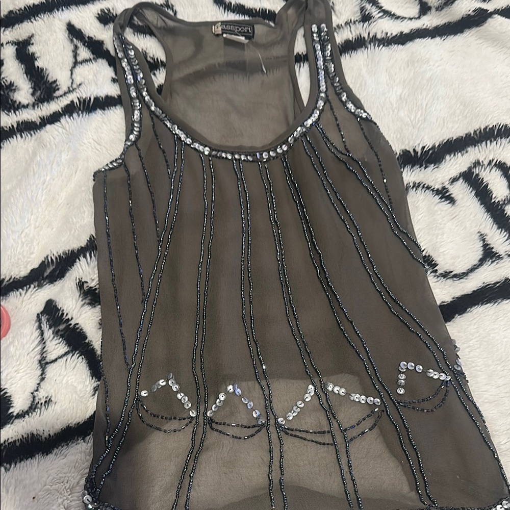 Sheer Black Embellished Tank Top